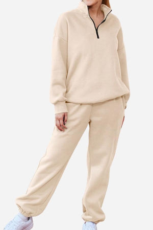 Ultra-soft and comfy co-ord tracksuit set in beige with zip-up top and relaxed fit pants.