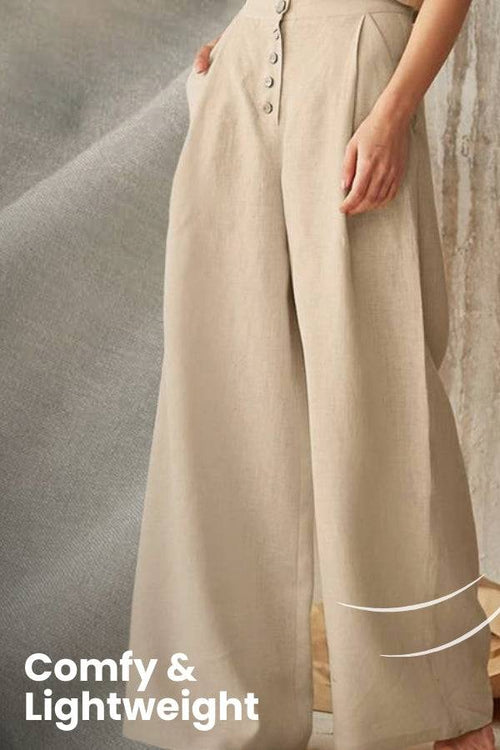 Beige button front high waist palazzo pants, lightweight and comfortable wide-leg trousers for women