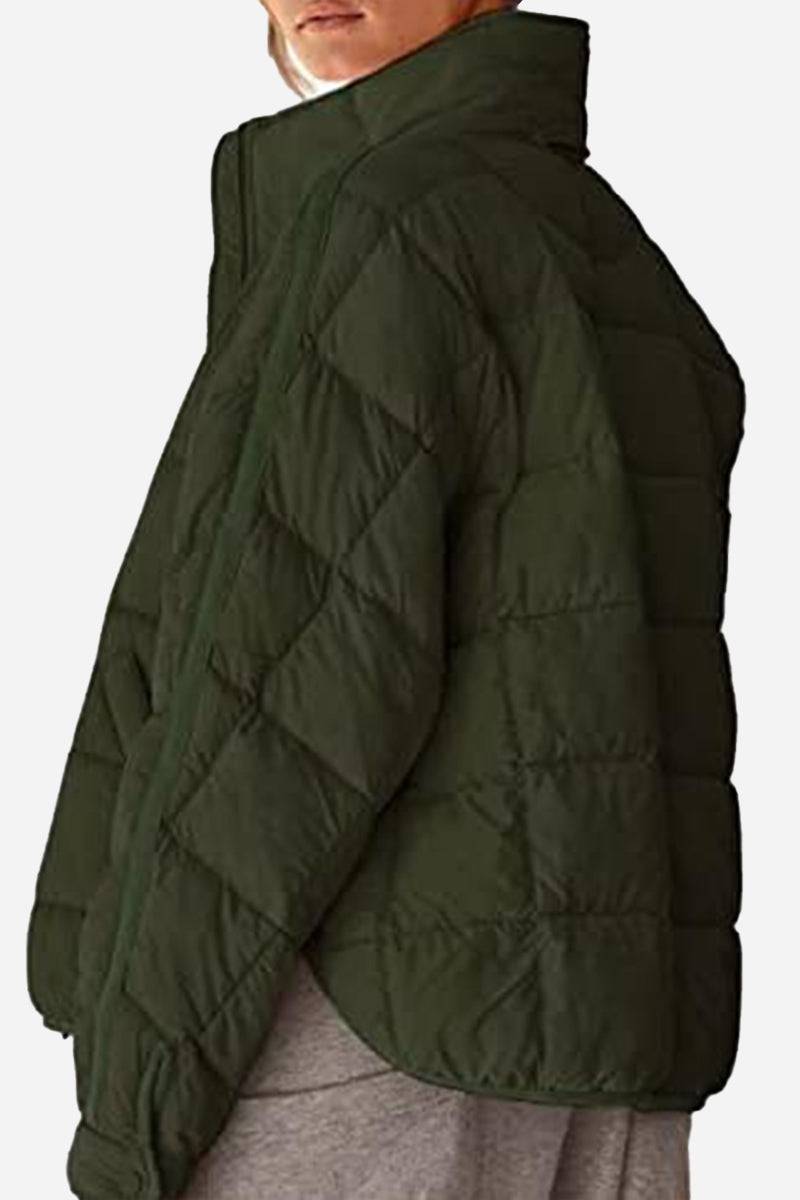 lightweight puffer travel jacket in olive green with quilted design and high collar