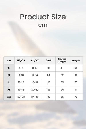 Lightweight puffer travel jacket size chart with measurements in cm for bust, sleeves, and length from S to 2XL.