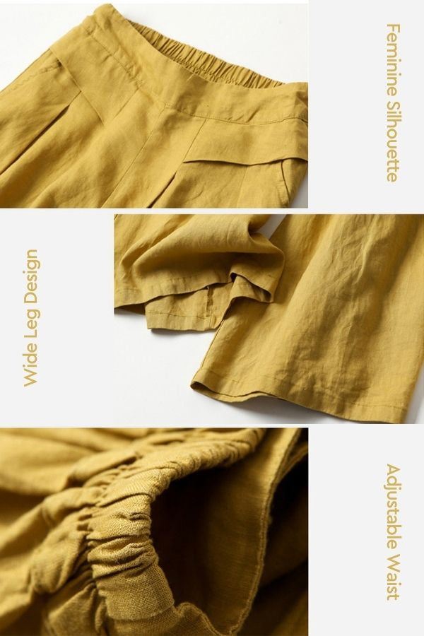 Sun-Kissed Elegance lightweight palazzo pants in mustard yellow with wide legs, adjustable waist, and feminine silhouette.