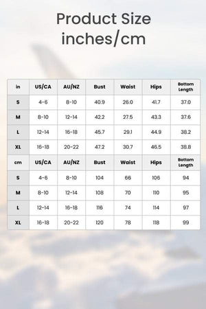 Size chart for European Minimalism relaxed sweater top and trouser set in inches and centimeters