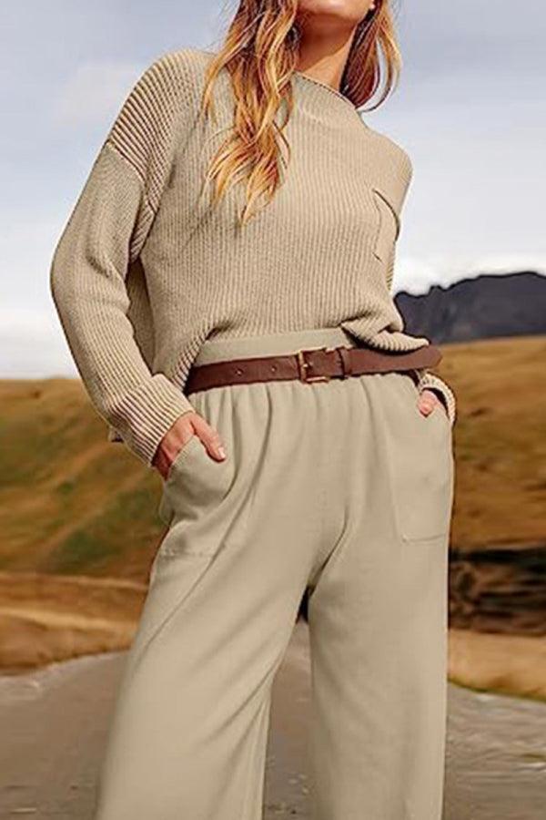European Minimalism relaxed khaki sweater and trouser set with knit texture and belt detail