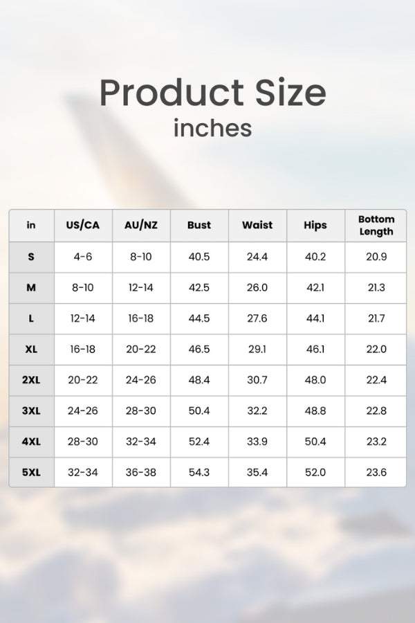 Size chart for Two-piece Set with loose shirt and high-waisted shorts in inches and US/CA, AU/NZ sizes.