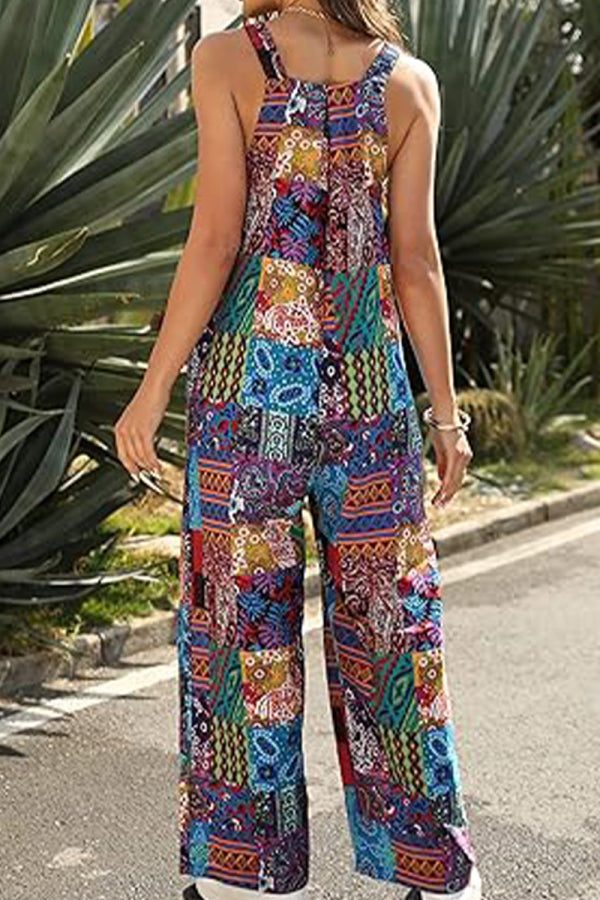 Bohemian Fantasy Overalls colorful patchwork wide-leg sleeveless cotton blend jumpsuit for women