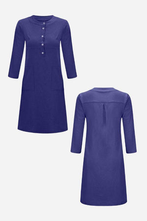 blue cotton dress with half-button front and 3/4 sleeves, knee-length, comfortable summer wear