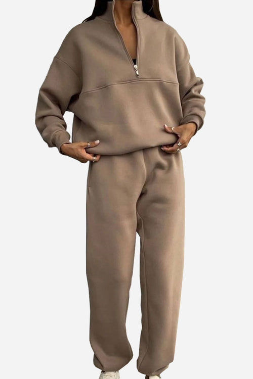 Women's cotton-blended two-piece tracksuit in taupe with high collar and deep zipper, long sleeves, and relaxed fit