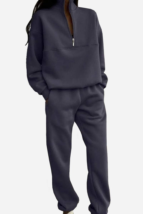 Women's navy cotton-blended two-piece tracksuit with high collar and zipper