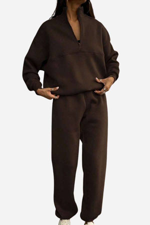 Women's brown cotton-blended two-piece tracksuit with high collar and zipper