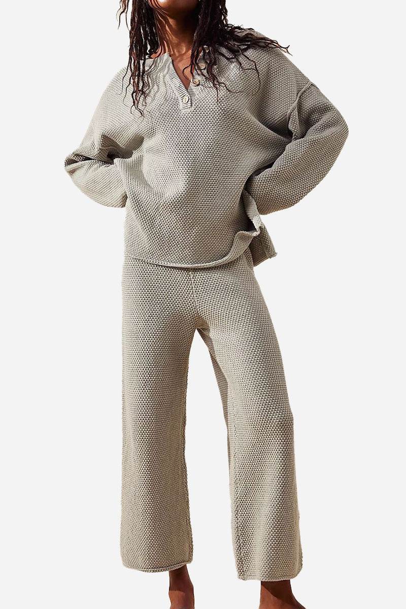 Multi-Weather Comfort two-piece oversized set in light brown textured fabric with relaxed fit and cropped wide pants