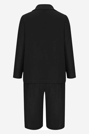 Black blazer and high-waisted shorts two-piece set made of cotton and terylene blend, slim fit, polished and coordinated style.