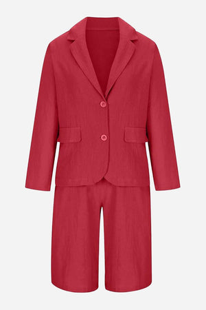 Red blazer and high-waisted shorts two-piece set for polished casual look