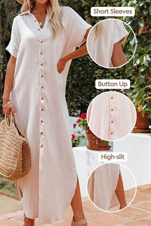 Full-length button-down beach cover-up dress with short sleeves, high slit, and button-up front in light breathable fabric.