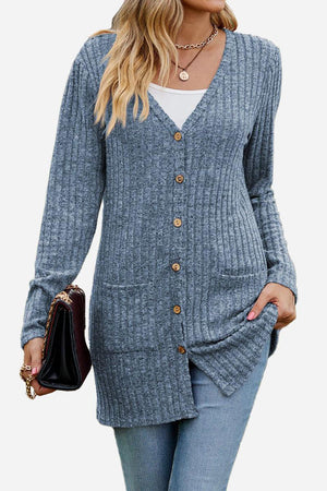Lightweight ultra soft long knit cardigan with buttons and pockets in gray