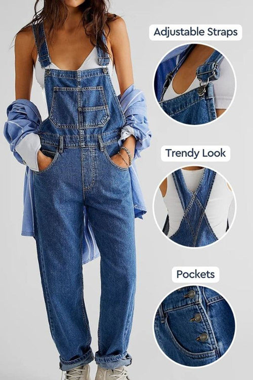 Denim-look tapered-leg adjustable bib overalls with pockets and trendy design