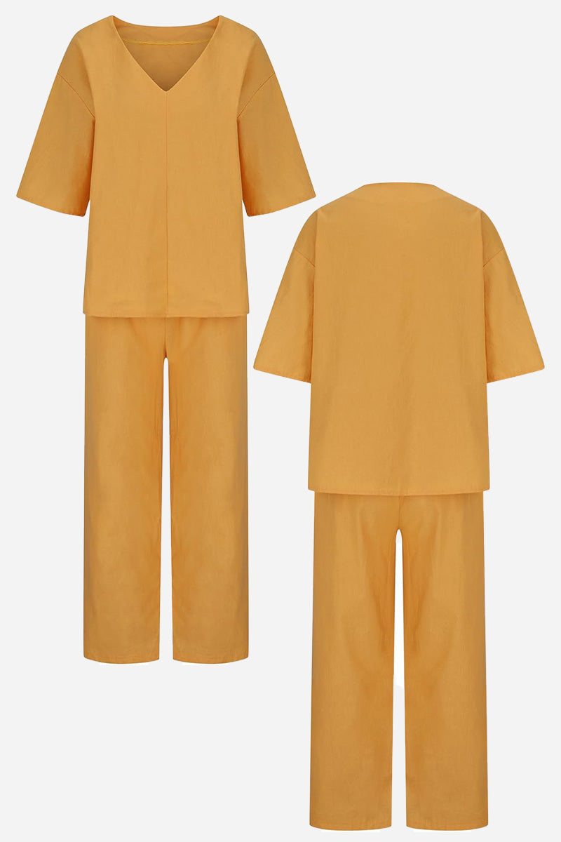 Mustard yellow V-neck cotton two-piece trouser set with mid-length sleeves and straight-leg pants, front and back views