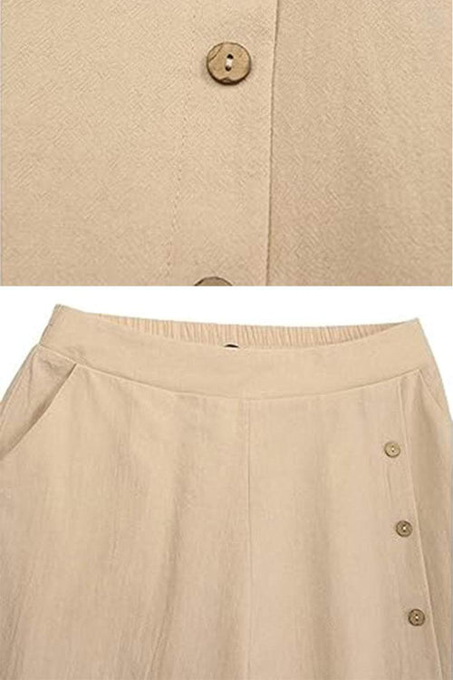 Beige wide leg pants with elastic narrow waist and side button detailing