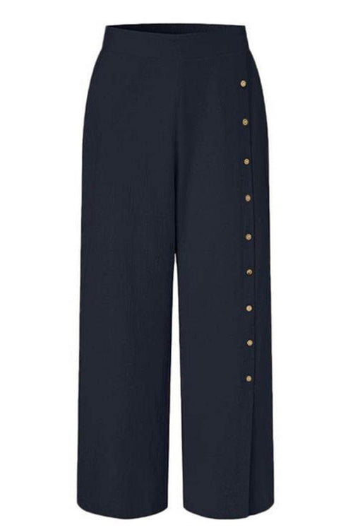 Navy blue wide leg pants with side buttons and high tailored waist, breathable cotton blend for comfort and style.