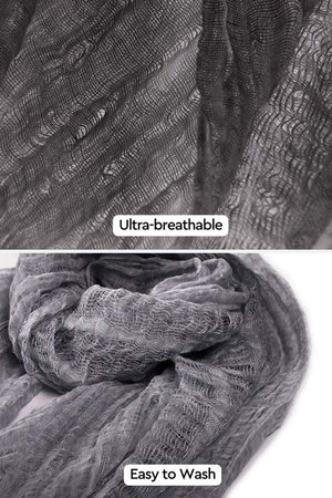 Close-up of ultra-breathable, lightweight linen scarf fabric showing texture and weave, emphasizing easy-to-wash material.