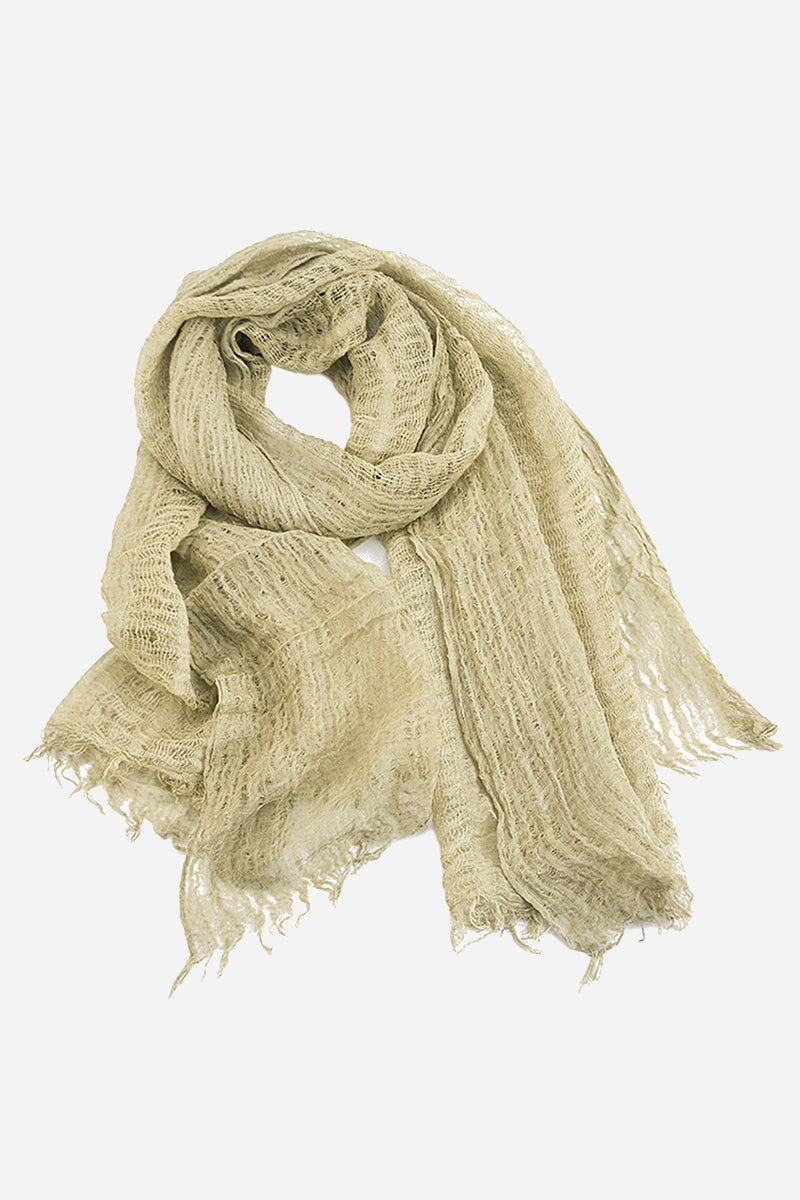 Lightweight beige linen scarf with frayed edges, breathable and versatile accessory from Christmas Collection