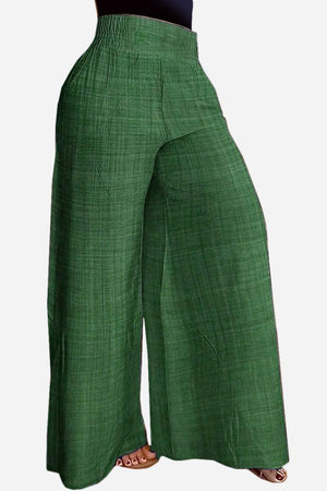 Green high waist wide leg pants made of lightweight breathable fabric with elastic waistband for comfortable fit.