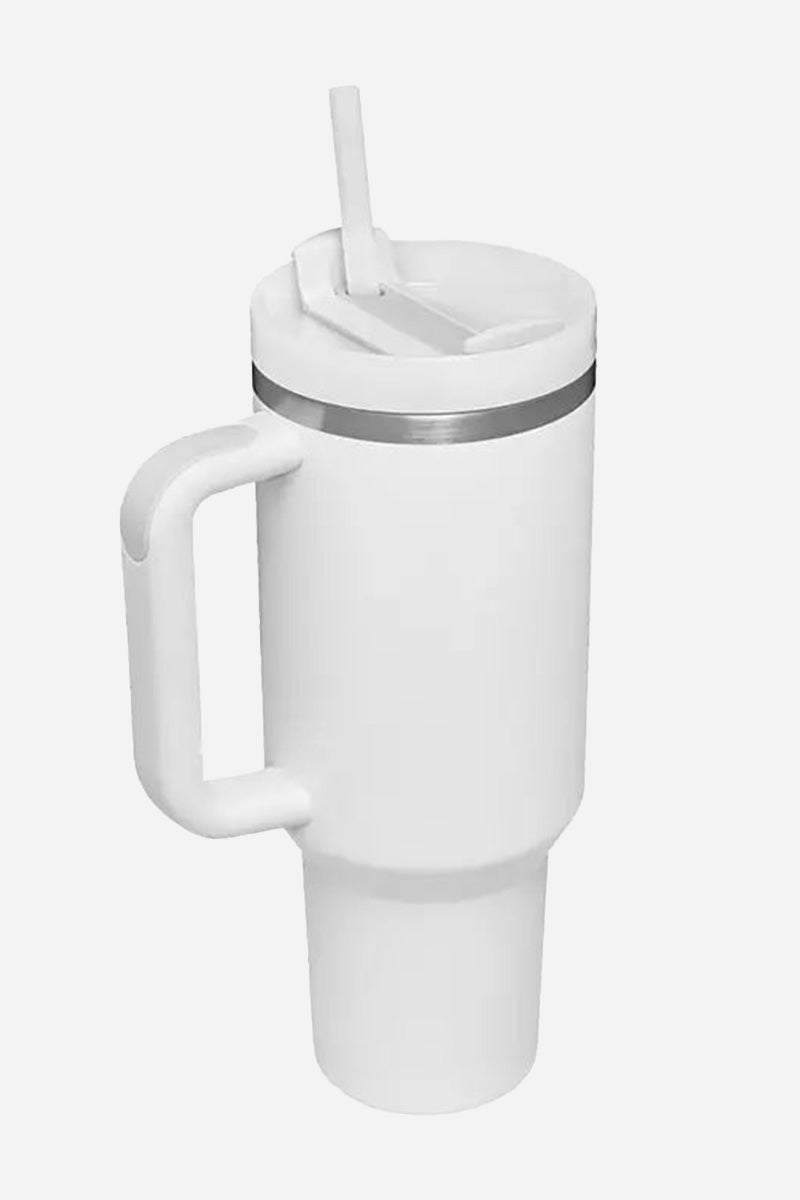 white stainless steel indestructible travel cup with handle and detachable straw