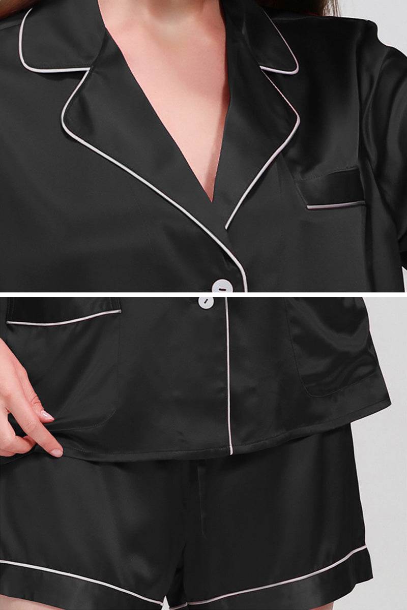 Black Mulberry Silk Essentials buttoned short pajama set with white piping detailing