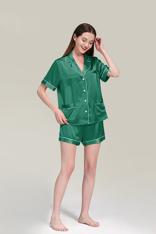 Woman wearing green Mulberry Silk buttoned short set nightwear
