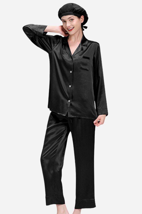 Black Mulberry silk pajama set with long sleeves, wide-leg pants, and matching sleep cap.