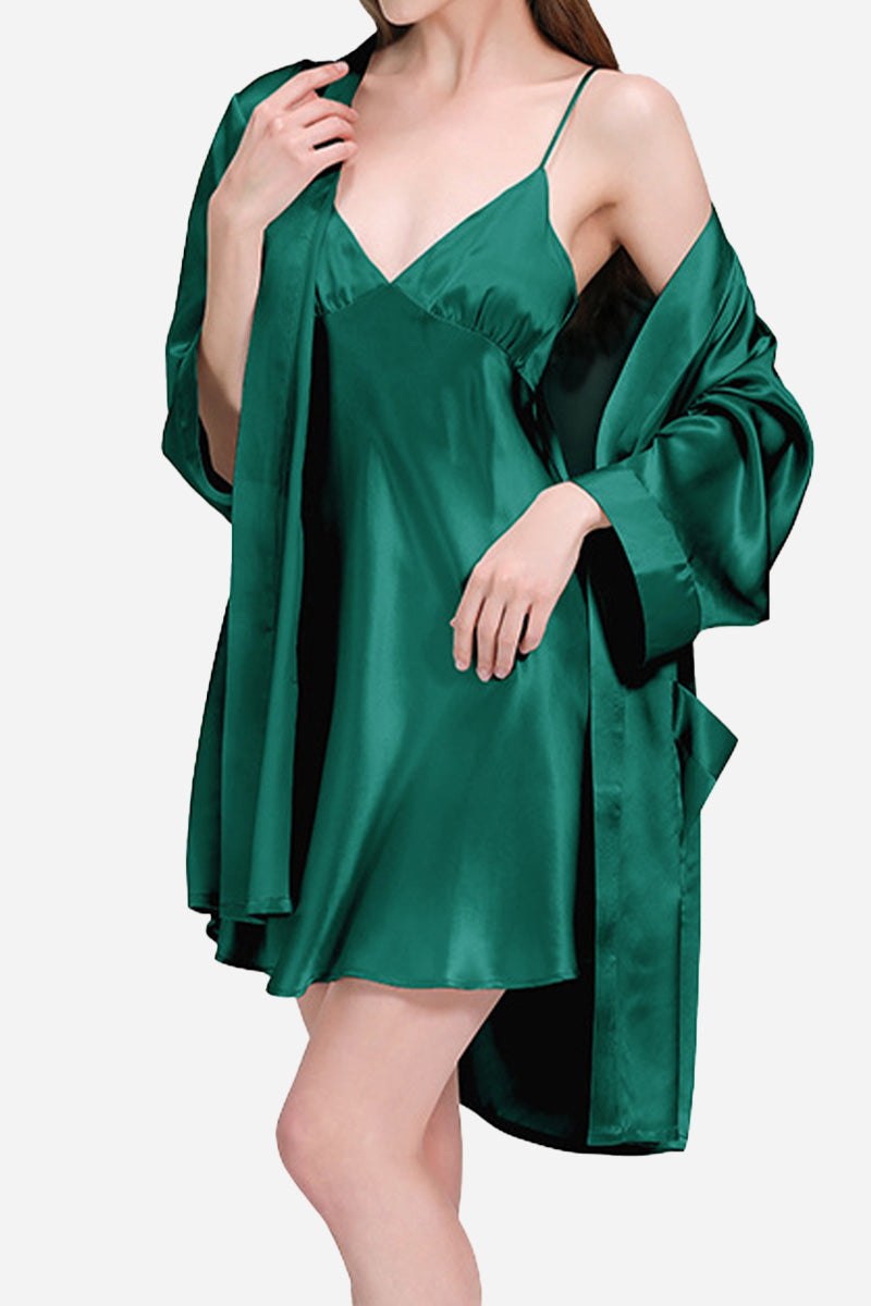 Green Mulberry Silk Nighty and Robe Set with soft, smooth fabric and relaxed fit