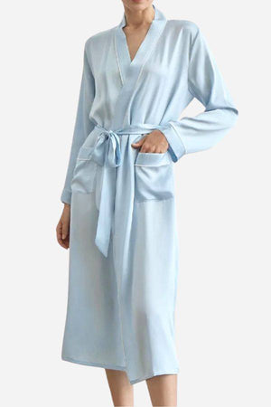Light blue Mulberry Silk Nightgown with sash belt and long sleeves, soft and breathable design.