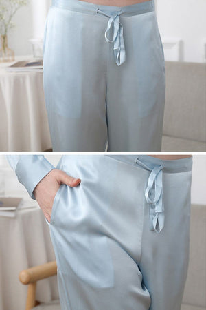 Light blue classic Mulberry silk sleepwear pants with drawstring waistband and smooth, breathable fabric.