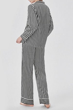 Back view of striped long sleeve mulberry silk pajama set for women