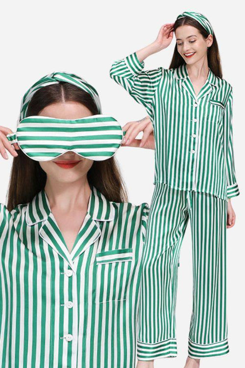 Green and white striped 100% mulberry silk long sleeve pajama set with matching eye mask and headband