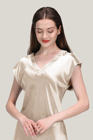 woman wearing beige mulberry silk v-neck nightgown with short sleeves