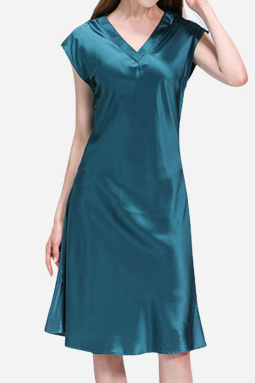 Teal Mulberry Silk V-Neck Nightgown with short sleeves and flowing silhouette, made of 100% breathable silk for cool, comfortable nights.