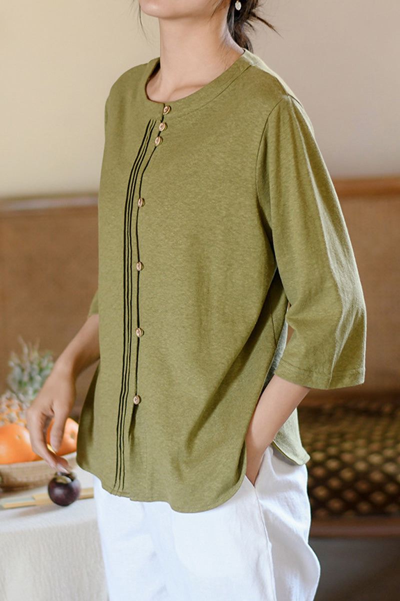 Linen Cotton Classy eco-friendly olive green shirt with button front and 3/4 sleeves for women