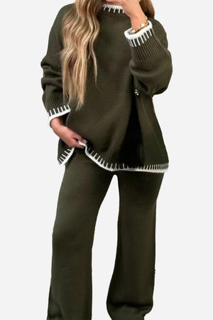 Woman wearing chic contrast stitch olive green travel set with white trim