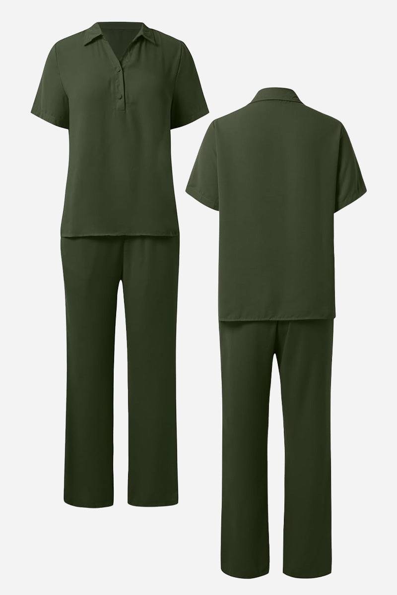 Olive green breathable linen-look set with short sleeve top and wide-leg pants, stylish and comfortable loungewear for home and beyond