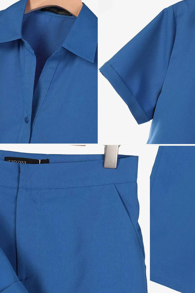 Blue linen-look set with breathable fabric, short-sleeve shirt, and matching pants, designed for comfort and style.