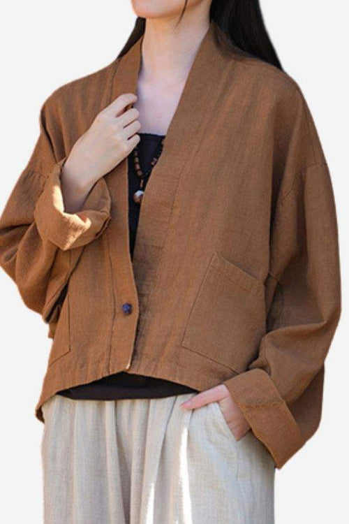 Brown ramie linen and cotton cardigan with relaxed fit and open front style on model