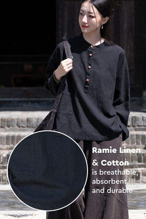 Black ramie linen and cotton breathable blouse with long sleeves and relaxed fit for women