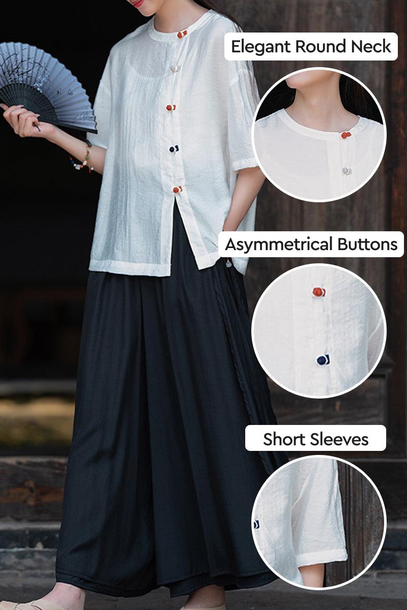 One size regenerated cellulose blouse with elegant round neck, asymmetrical buttons, and short sleeves, breathable and wrinkle-resistant design.