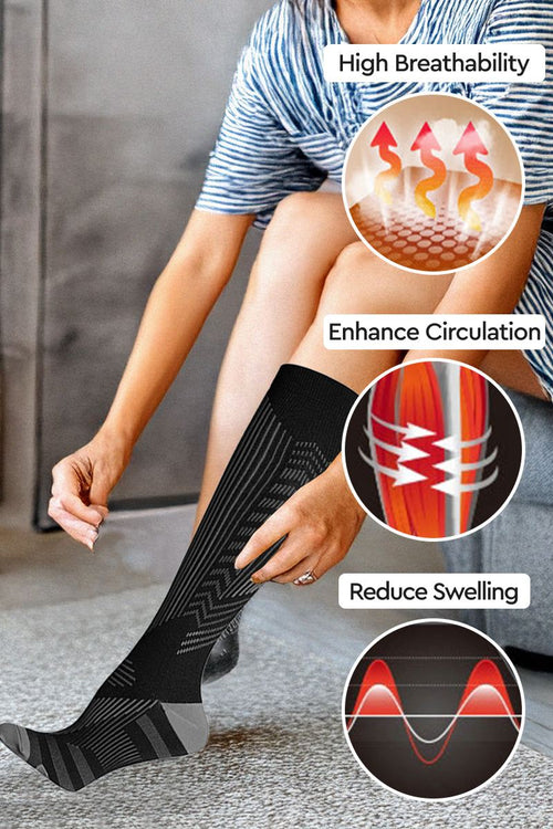 Premium compression socks with breathable fabric, enhancing circulation and reducing swelling for travel comfort.