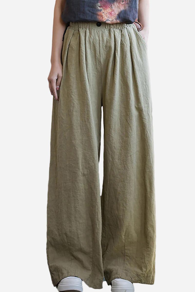 Women wearing wide-leg sandwashed ramie linen pants with elastic waistband and pockets