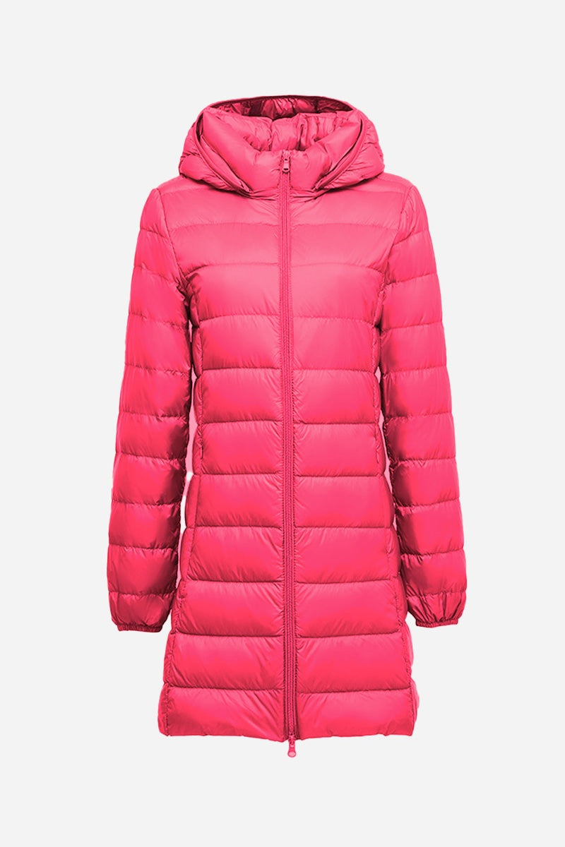 Women's lightweight water-resistant hooded puffer coat in bright pink with full zip and long sleeves