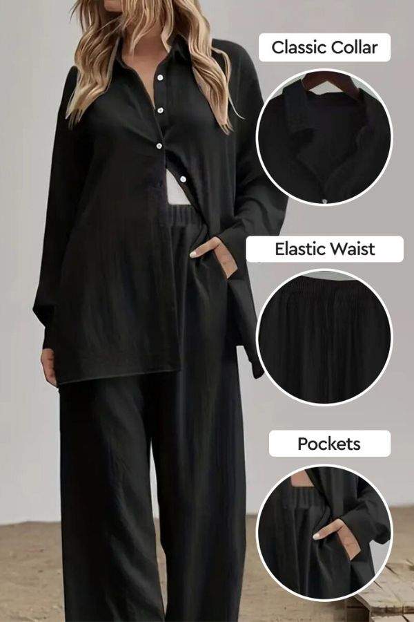 Black cotton-linen two-piece set with classic collar, elastic waist pants, and pockets for casual comfort and style