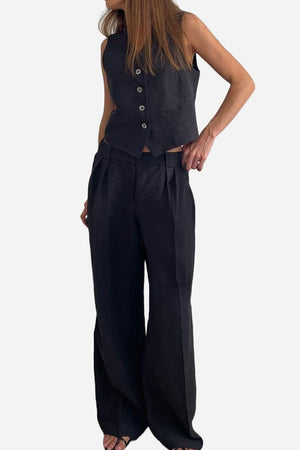 Eco chic linen blend black sleeveless vest and wide-leg pants two-piece outfit