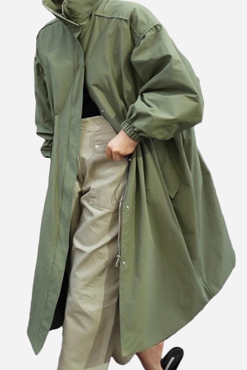 Oversized green cotton blend stain-resistant travel coat with button-front and relaxed fit