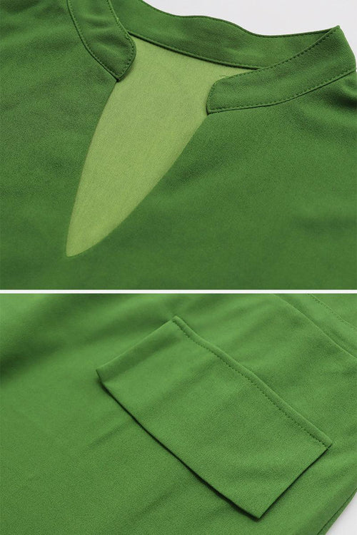 Close-up details of green All-Day Drape Dress neckline and adjustable sleeve with button tab